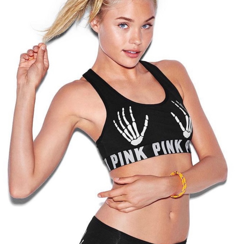 PINK Victoria's Secret Black Skeleton Halloween Fall Sports Bra Small